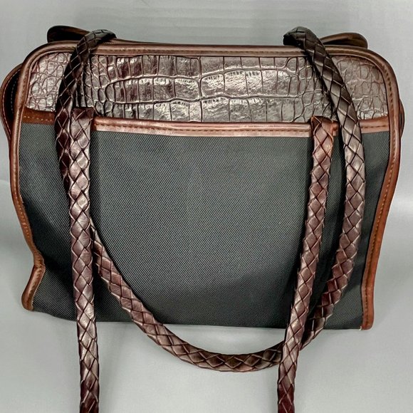 BRIGHTON  BLACK NYLON CROC BROWN EMBOSSED LEATHER SHOULDER DOUBLE BRAIDED STRAPS - Picture 9 of 12